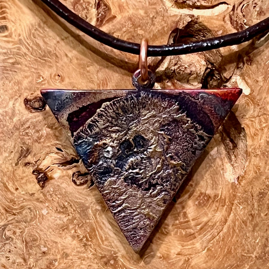 Tarot inspired flame-painted silver fused copper triangle pendant