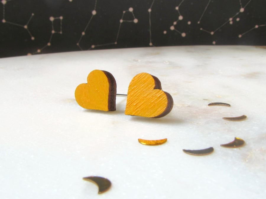 Tiny Mustard Yellow Wooden Heart Stud Earrings