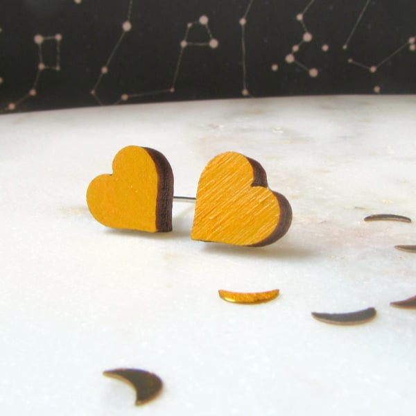 Tiny Mustard Yellow Wooden Heart Stud Earrings