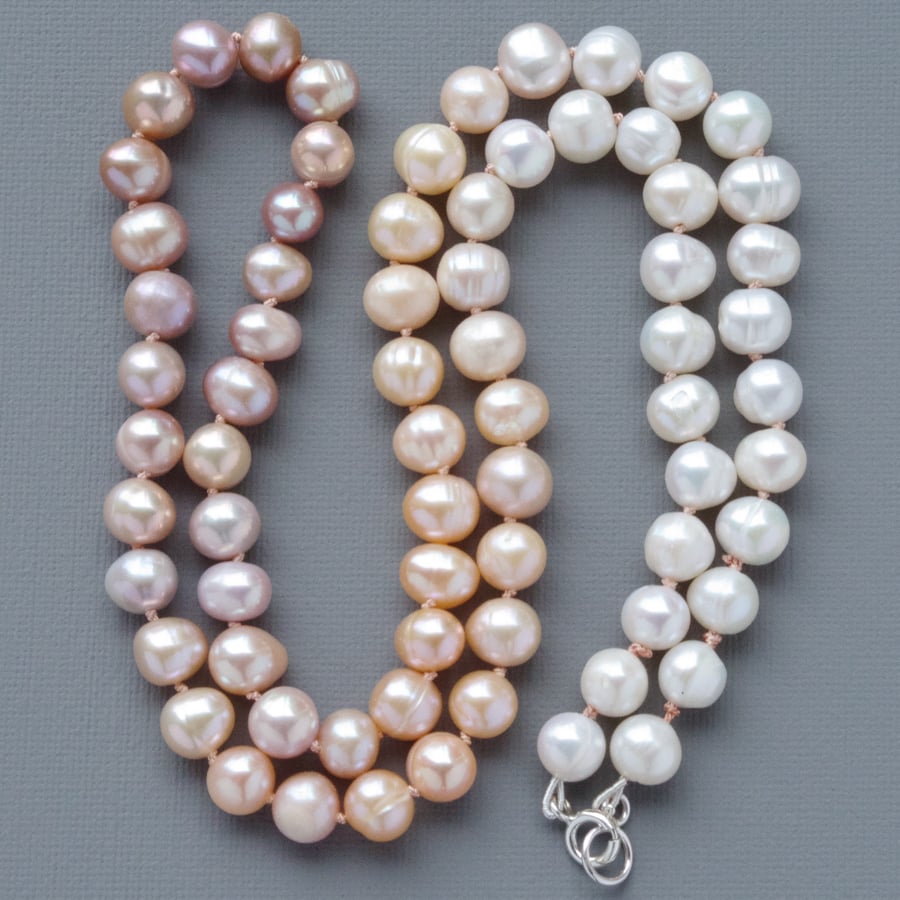 Ombre Graduated Freshwater Pearl Necklace Hand Tied On Silk 925 Silver Clasp 