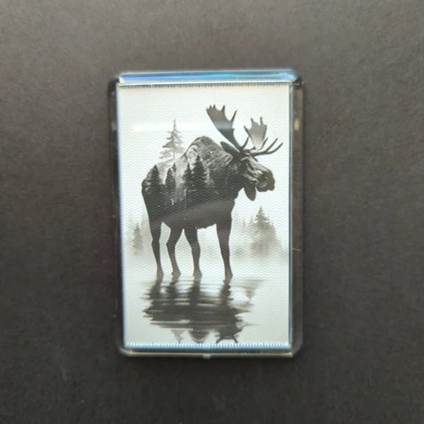 Moose Forest Fridge Magnet – Wildlife Double Exposure Art – Monochrome Nature