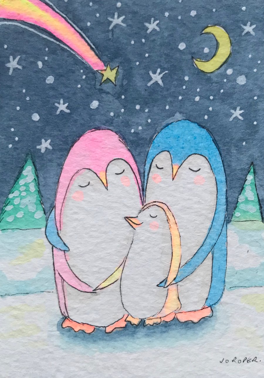 Original ACEO Penguin family with shooting star ACEO Jo Roper