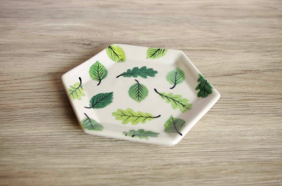 Small Hexagon Dish - Green Beech and Oak Leaves