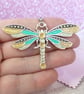 Gold and green dragonfly pendant, handpainted necklace iridescent enamels - Image 3
