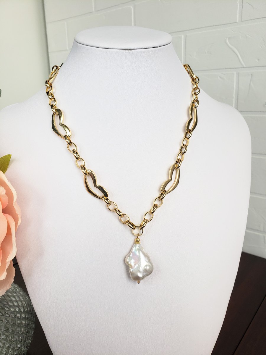 Freshwater Pearl Chunky Chain Necklace Large Pearl 14K Gold Plated 