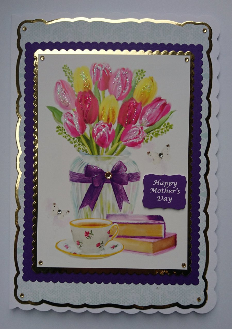 3D Luxury Handmade Card Happy Mother's Day Vase of Tulips Books and Cup of Tea
