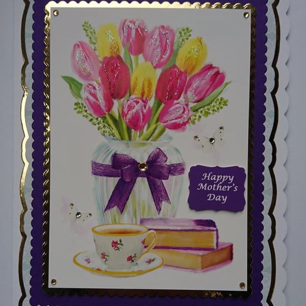 3D Luxury Handmade Card Happy Mother's Day Vase of Tulips Books and Cup of Tea