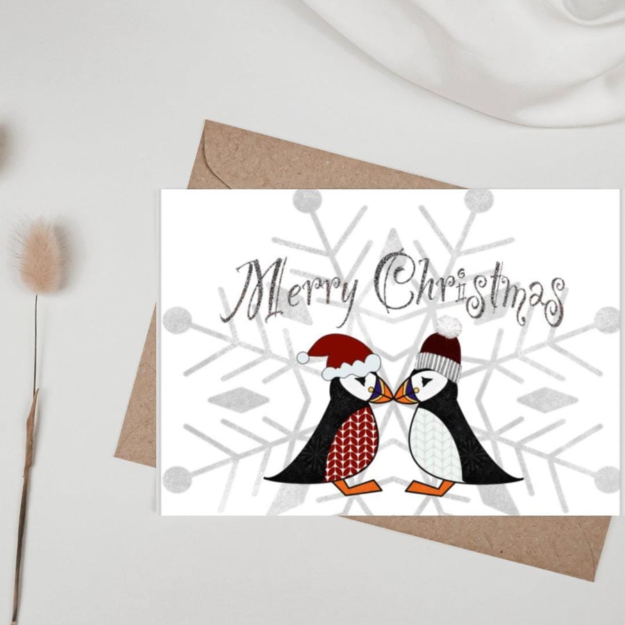 Red Fair Isle Puffin card, Kissing Puffin Christmas Card, A6