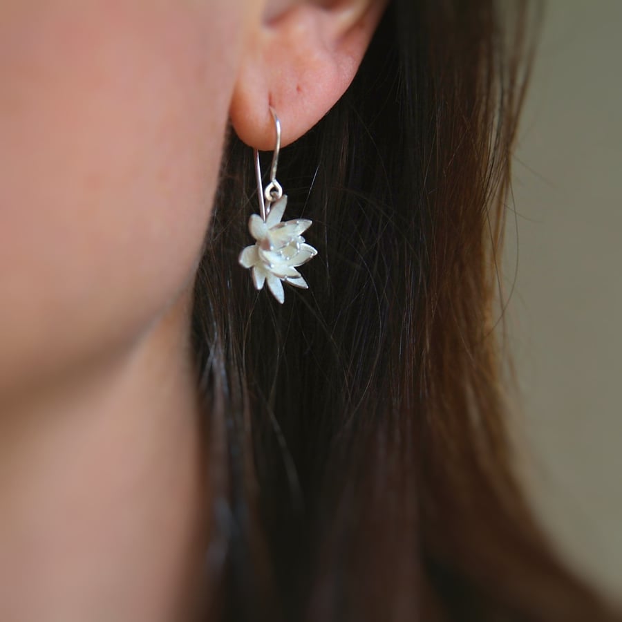 Sterling Silver Lotus Flower Earrings - Handmade in UK