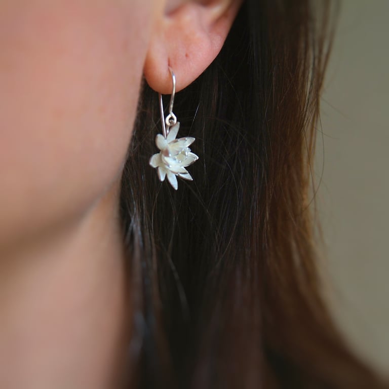Sterling Silver Lotus Flower Earrings - Handmade in UK