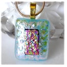 Dichroic Glass Pendant 218 Green Pink Aqua Handmade with gold plated chain