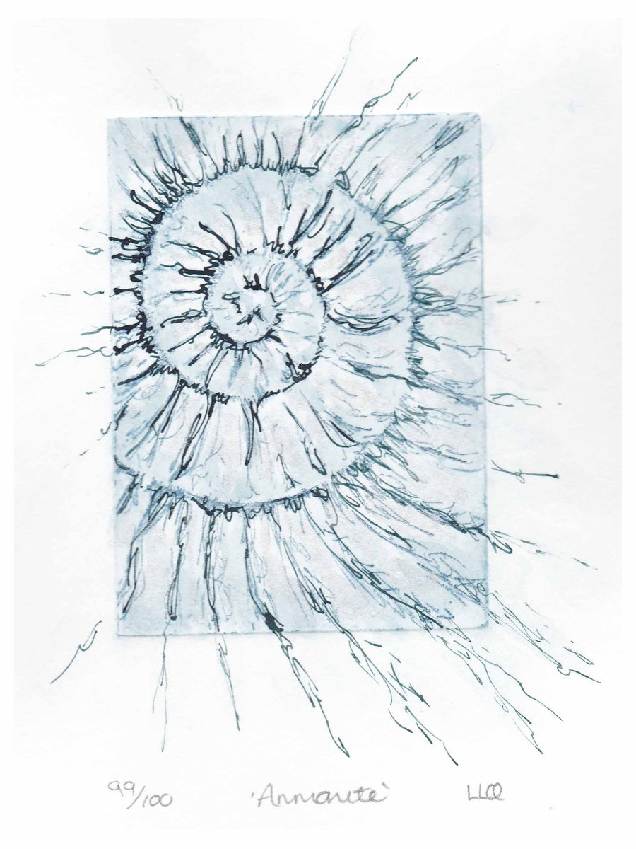 Etching no.99 of an ammonite fossil with mixed media in an edition of 100