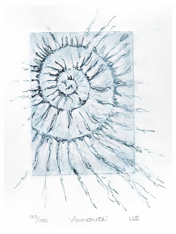 Etching no.99 of an ammonite fossil with mixed media in an edition of 100