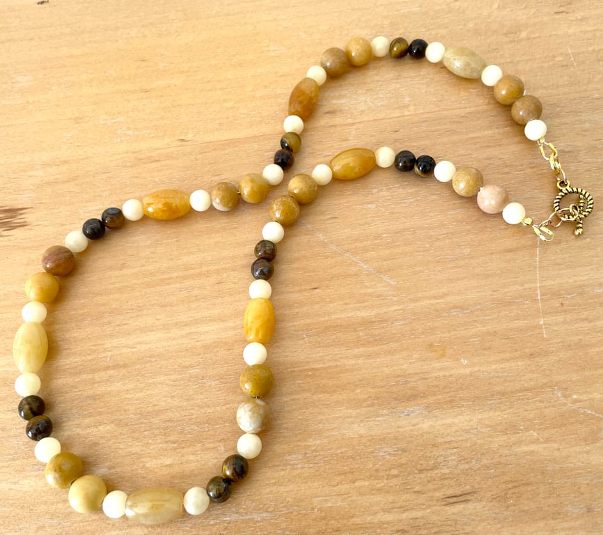 Yellow and Butterscotch Jade and Tigers Eye Necklace Gold plated 