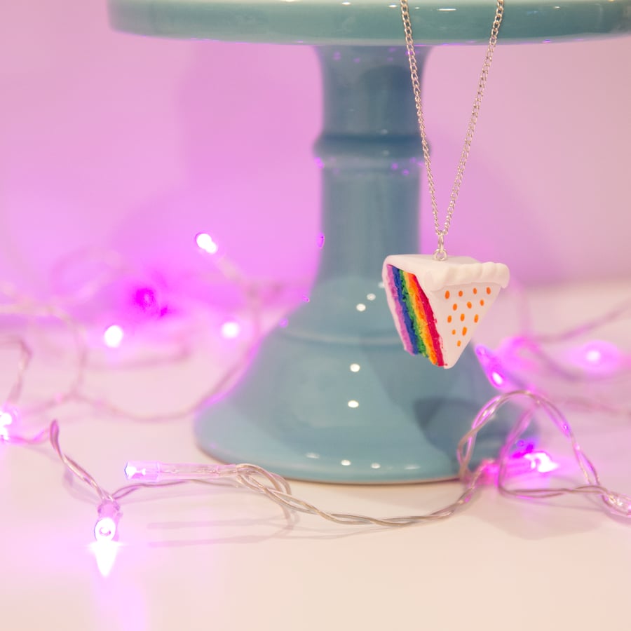 Retro Rainbow cake slice Necklace OR keyring -  quirky, fun, unique, handmade