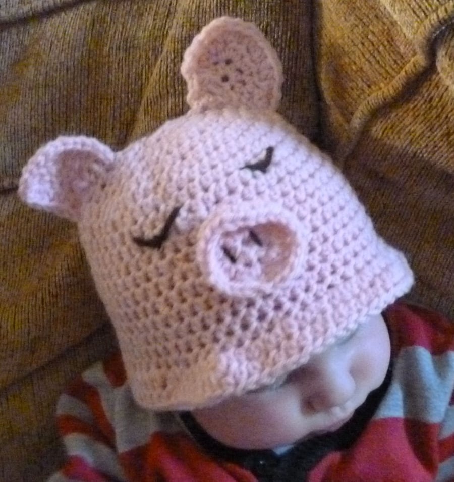 hand crochet baby pink pig hat - including curly tail