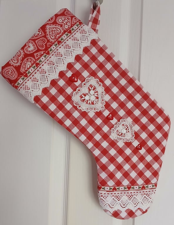 Scandi Style Hearts and Lace Christmas Stocking