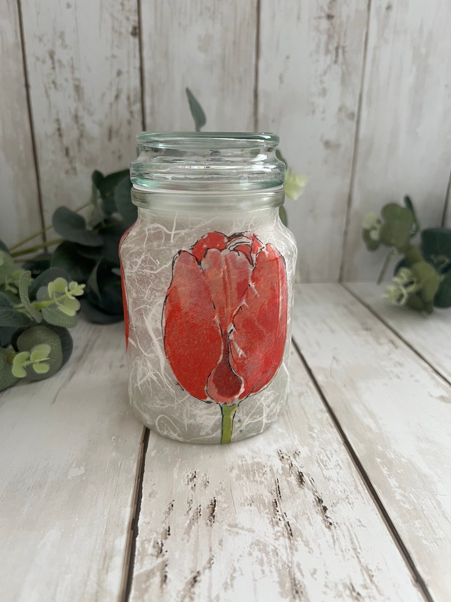 Decoupage Glass Storage Jar: Red Tulips, Home Decor, Cottage Style, Upcycled