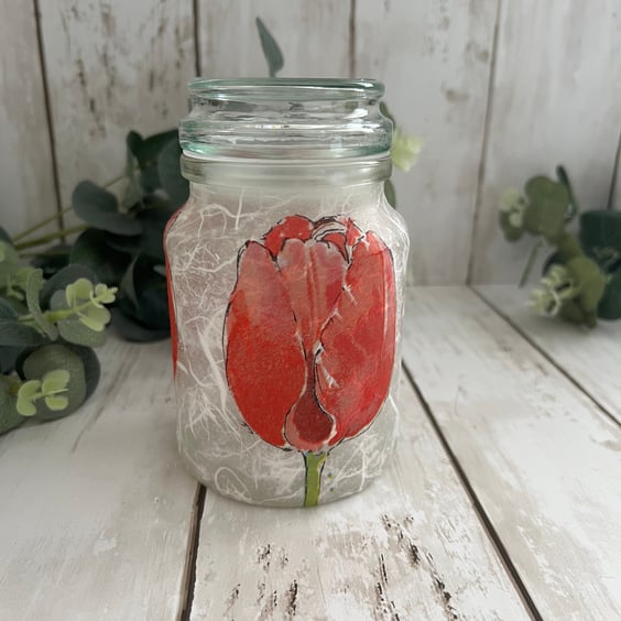 Decoupage Glass Storage Jar: Red Tulips, Home Decor, Cottage Style, Upcycled