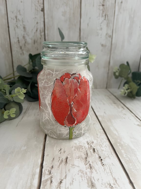 Decoupage Glass Storage Jar: Red Tulips, Home Decor, Cottage Style, Upcycled