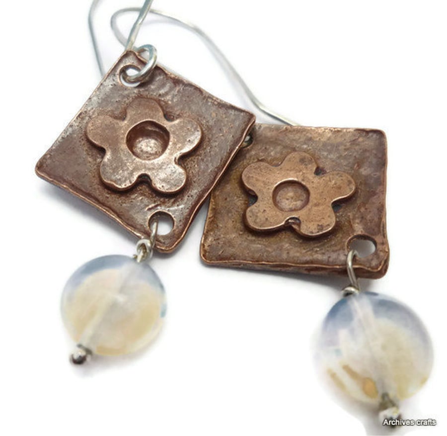 Copper and sea opal dangle earrings