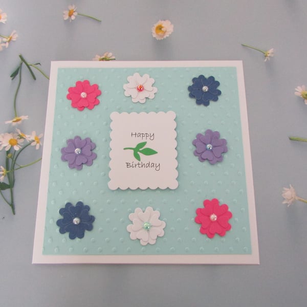 Luxury Embossed Birthday Card Pale Blue with Multicolour Flowers 3d Effect