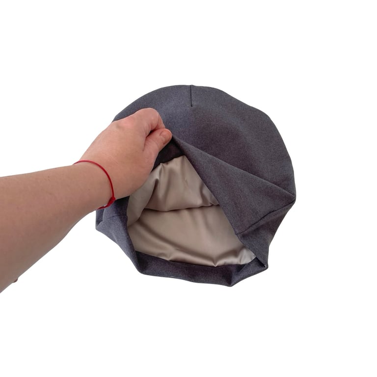 Handmade grey satin lined knit beanie hat, Soft beanie caps for curly hair