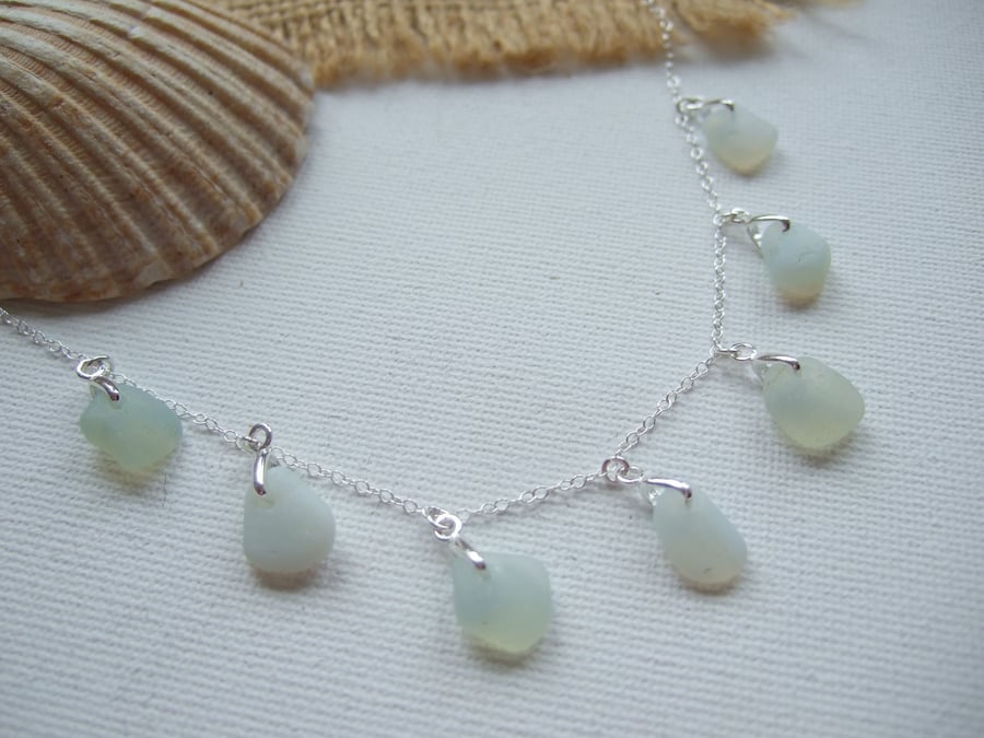 Opalescent sea glass necklace, petite multi pendant beach glass necklace