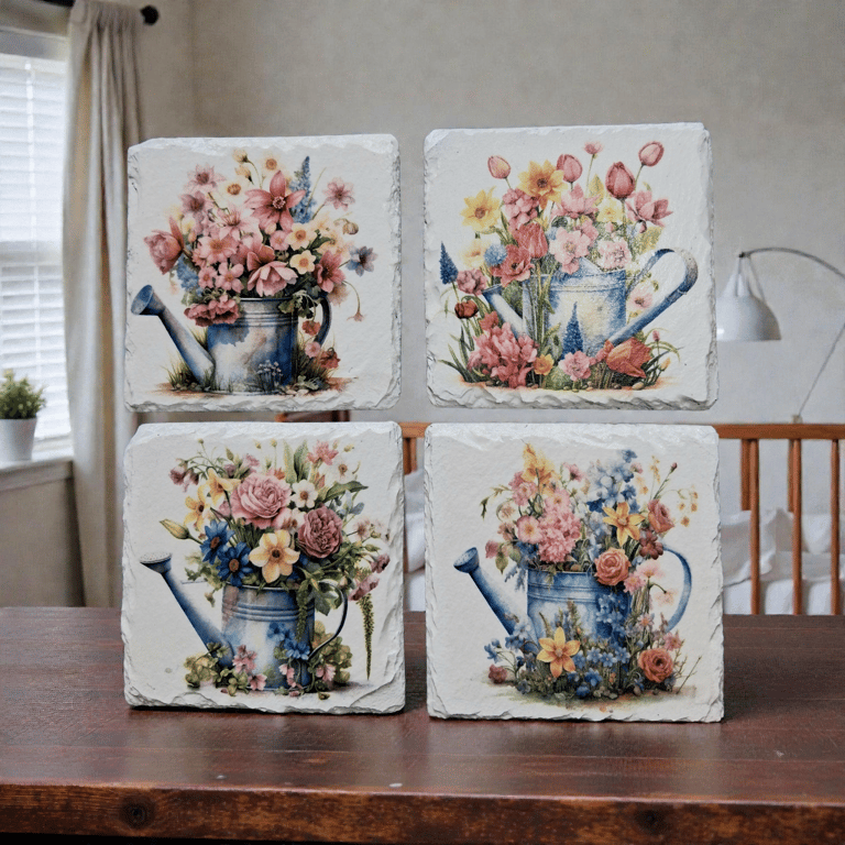 Flower Arrangement in Watering Can Decoupaged Slate Coasters Set of 4