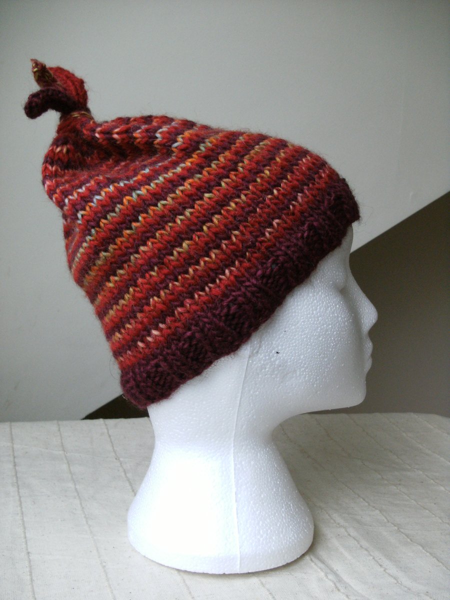 Handknit Stripey 'Knotted Top' Hat in Wool & Alpaca