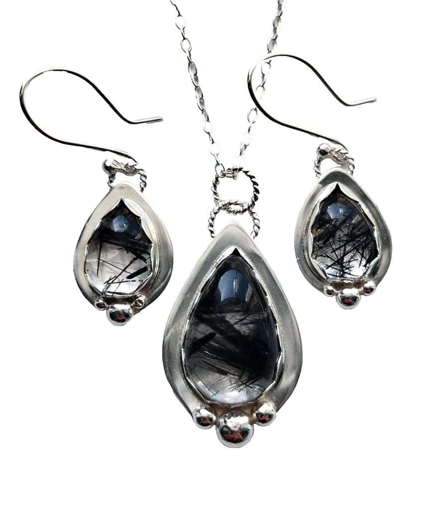 Black Tourmaline in Quartz Sterling Silver Jewellery Gift Set Necklace Earrings