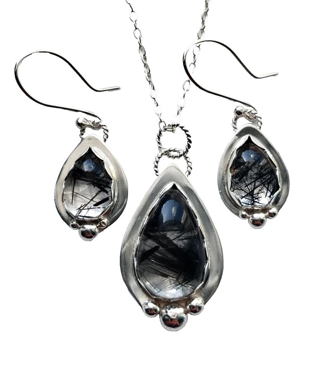 Black Tourmaline in Quartz Sterling Silver Jewellery Gift Set Necklace Earrings
