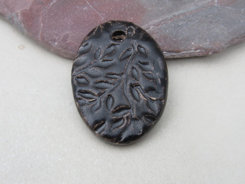 Large Dark Earth Leaf Sprig Ceramic Pendant