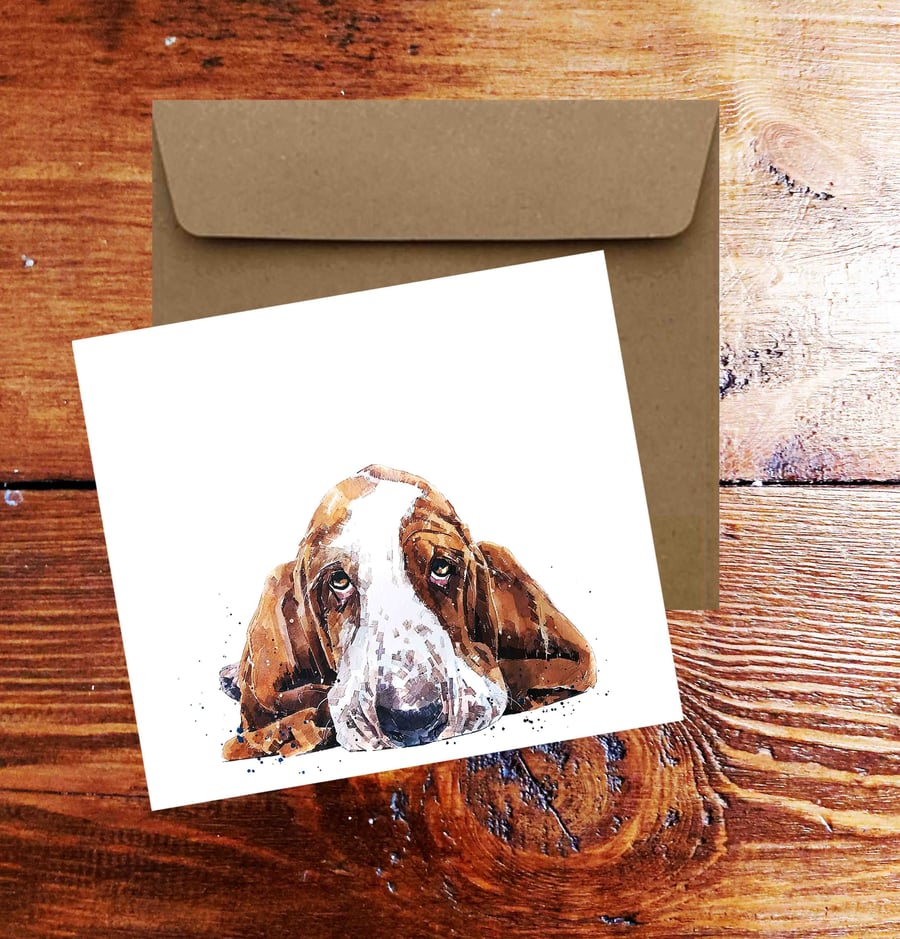 Basset Hound II Square Greeting CardNote Card-Basset Hound card,Basset Hound car