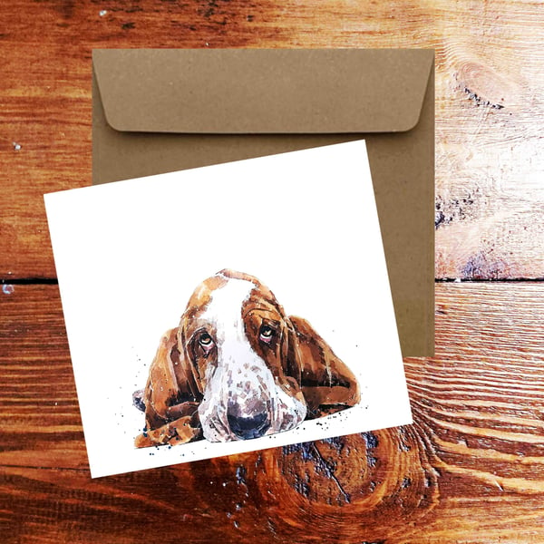 Basset Hound II Square Greeting CardNote Card-Basset Hound card,Basset Hound car