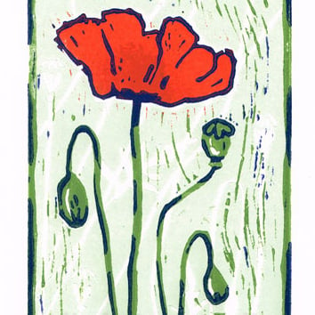  Poppy - Red Poppy Flower - Linocut Print