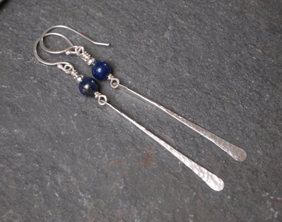 Long silver earrings with lapis lazuli