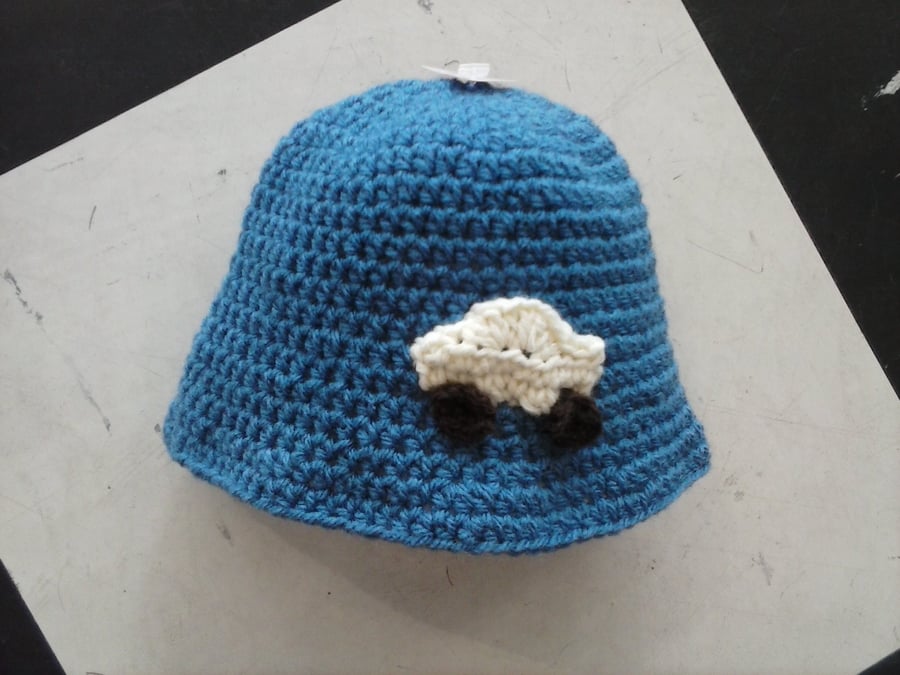 Retro style Crochet baby hat in blue with car detail