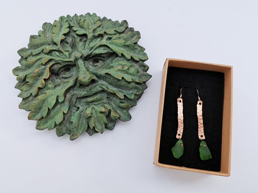 Hammered Copper and Sea Glass Hook Earrings
