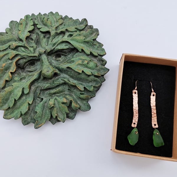 Hammered Copper and Sea Glass Hook Earrings