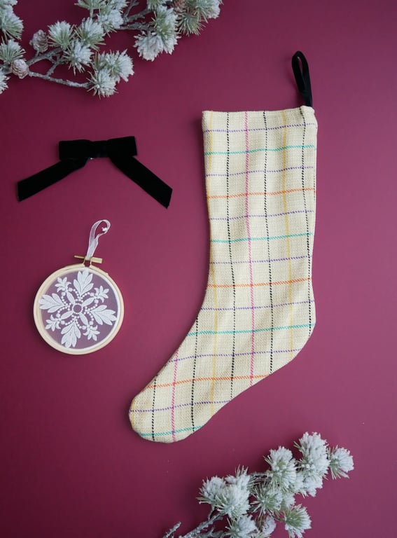 Medium Christmas Stocking in Cream with Rainbow Check Pattern (seconds)