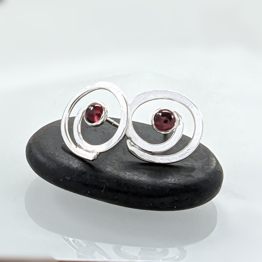 Recycled HANDMADE Sterling Silver Swirl Garnet Stud Earrings