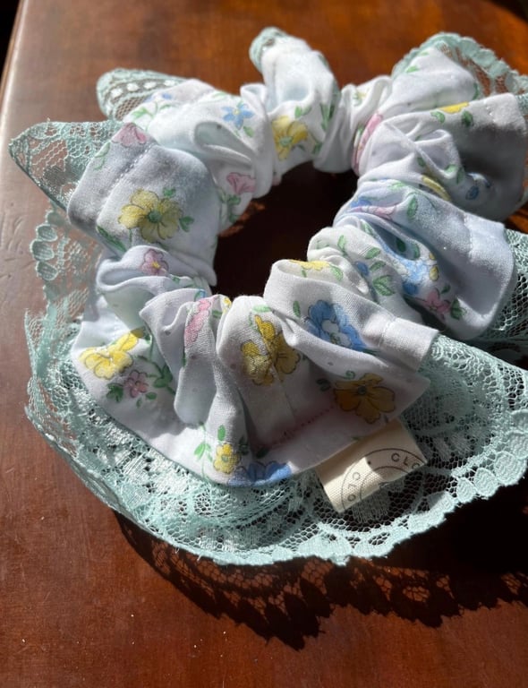 Handmade Oversized Floral Scrunchie with Vintage Lace