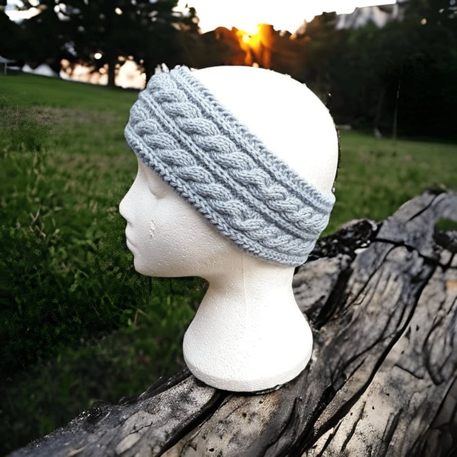 Hand knitted ladies grey-green headband ear warmer with double cable pattern 