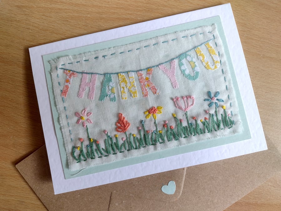 Thank You Fabric Bunting Card - Hand-Stitched - Embroidery - Applique Card