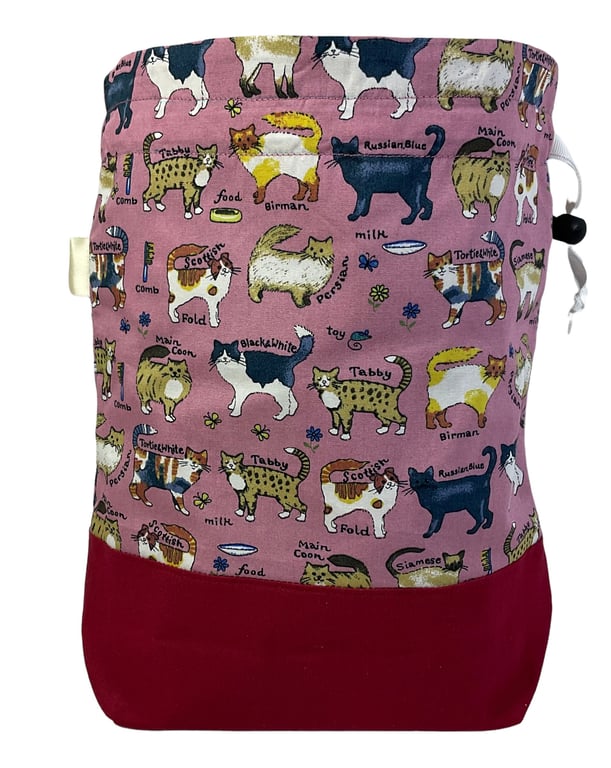 Two at a time knitting bag with cats, medium sock sack, pink drawstring divided,