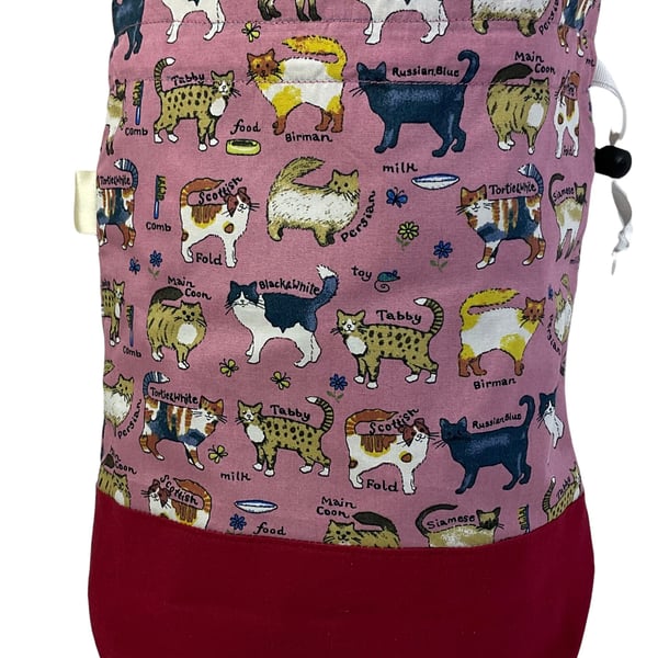 Two at a time knitting bag with cats, medium sock sack, pink drawstring divided,