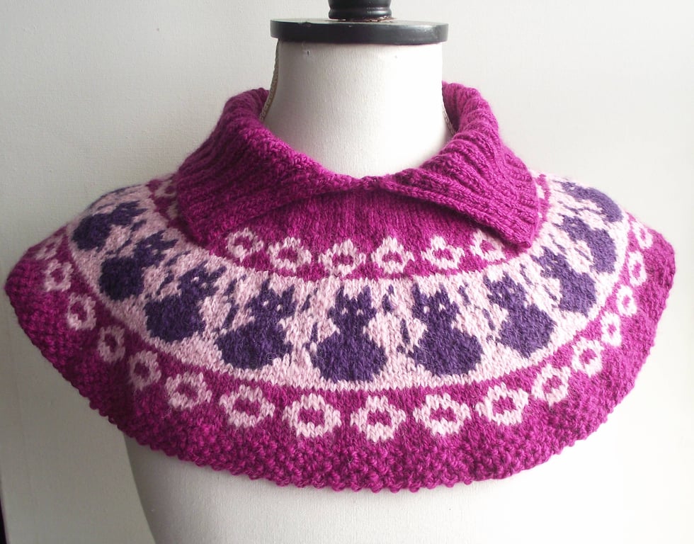 Handspun Knitted Cat Cowl or Yoke, Merino Wool, Magenta, Purple, Pink