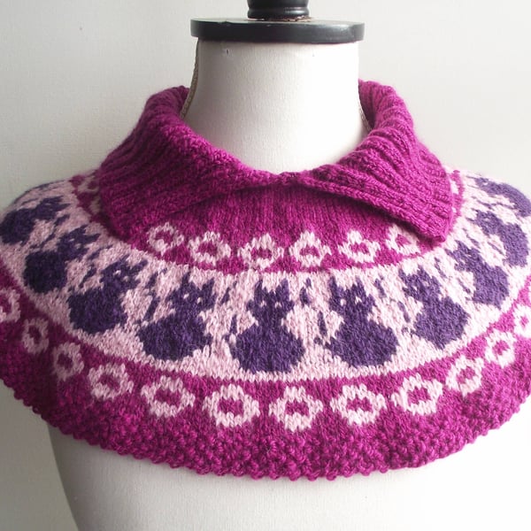 Handspun Knitted Cat Cowl or Yoke, Merino Wool, Magenta, Purple, Pink