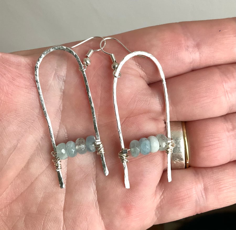 Organic Hammered Sterling Silver & Aquamarine Faceted Stones (4x2cm)